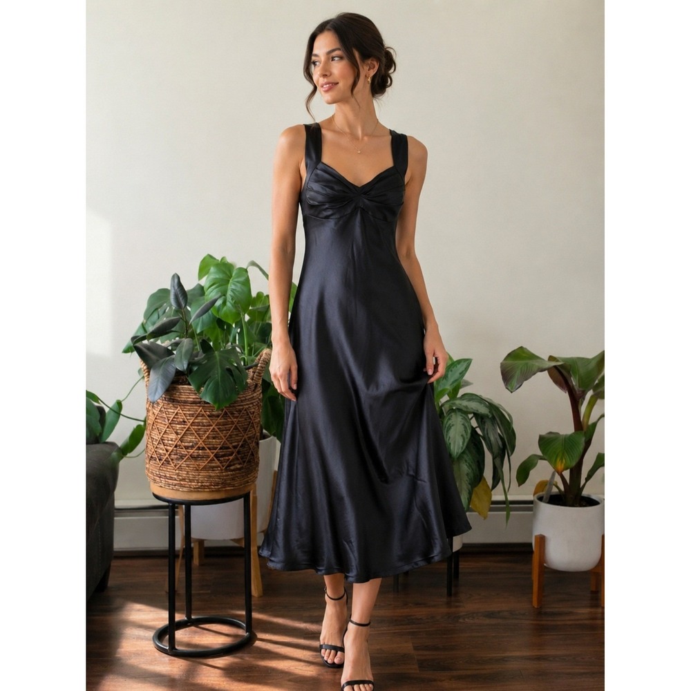 Calvin Klein Black 100% Silk Twist Front Cross‎ Back Midi Dress CD7H1620 12